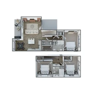 Modern two-level floor plan with a cozy living room, elegant dining area, and three spacious bedrooms.