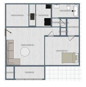 Inviting floor plan featuring a spacious living room, modern kitchen, cozy bedroom, and elegant bathroom with a patio and ample storage space.
