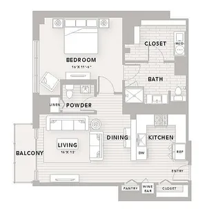Modern A16 floor plan featuring 1 bedroom, 1.5 baths, spacious living and dining area, kitchen, and a balcony, covering 1,000 sq ft at The Star Houston.