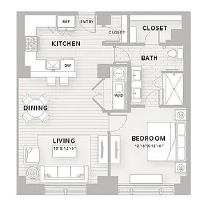 Modern A9 floor plan with 1 bedroom, 1 bath, and 1,000 sq ft featuring an open-concept kitchen and dining area at The Star Houston.