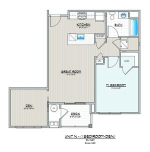 Detailed floor plan showing 1 bedroom, a cozy den, great room, and a functional kitchen.