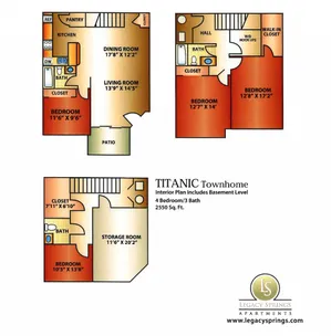 Titanic Townhome floor plan showcasing 4 spacious bedrooms, 3 baths, open-concept living and dining areas, a modern kitchen, and a large storage room. Includes a patio and convenient walk-in closet, totaling 2550 sq ft.