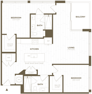 Modern floor plan featuring 2 spacious bedrooms, a sleek kitchen with island, open living area, 2 bathrooms, and a private balcony.