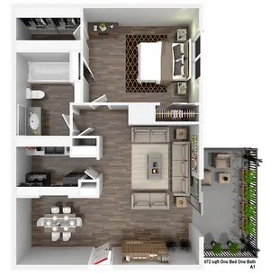 Modern floor plan showcasing a spacious one-bedroom apartment with a cozy living area, elegant dining space, contemporary kitchen, and inviting outdoor patio.