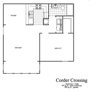 Chic 745 sq. ft. floor plan of Corder Crossing with 1 bedroom, 1 bath, and a garden view.