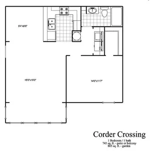 Corder Crossing 2D floor plan featuring 1 bedroom, 1 bathroom, a spacious living area, and a modern kitchen.