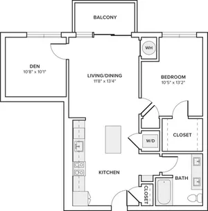 847 square foot one bedroom one bathroom apartment with den floorplan image