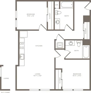 1018 square foot two bedroom two bath floor plan image