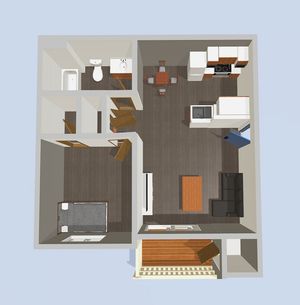 Modern 3D floor plan showcasing 1 bedroom, an open kitchen with dining area, cozy living room, and a convenient bathroom layout.