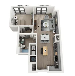 Modern 3D apartment floor plan showcasing a spacious living area, a well-equipped kitchen, and a comfortable bedroom.
