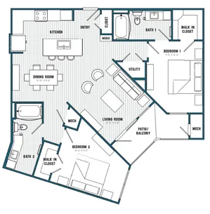 D Floorplan; 2 Bedroom/2 Bathroom