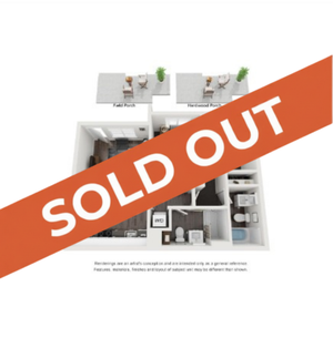 Contemporary floor plan with 2 bedrooms, stylish living area, and modern kitchen featuring private patio spaces, marked as sold out.