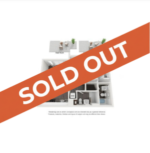 Modern floor plan showcasing a well-designed layout with multiple rooms, including a cozy outdoor patio area, marked as sold out.