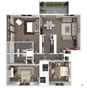 Elegant 3D floor plan featuring 3 bedrooms, 2 bathrooms, an open-concept living and dining area, and a modern kitchen, with access to a cozy outdoor patio.