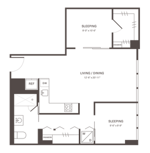 Modern floor plan featuring an open living and dining area, two sleeping spaces, and a compact kitchen with appliances.