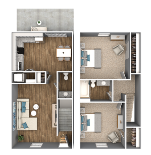 Modern 3D floor plan showcasing two spacious bedrooms, an inviting open-concept kitchen, dining area, and a cozy living room with wood flooring.