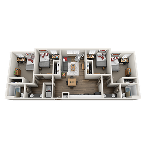 Elegant 3D floor plan showcasing 3 bedrooms, a cozy living area, and a modern kitchen with dining space.