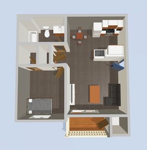 Modern 3D floor plan showcasing a cozy one-bedroom apartment with an open kitchen, inviting living area, and well-organized bathroom.