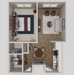 Chic floor plan showcasing a modern one-bedroom apartment with elegant living room, cozy dining area, and sleek kitchen design.