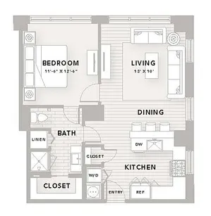 Elegant A3 floor plan showcasing 1 bedroom, 1 bath, spacious living and dining area, and modern kitchen, 740 sq ft.