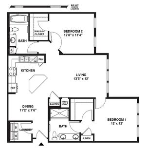 Elegant floor plan showcasing a 2-bedroom layout with a spacious living room, modern kitchen, and convenient laundry area.