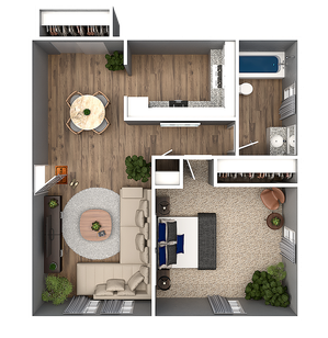 Chic open-plan apartment floor plan with one bedroom, a spacious living area, and modern kitchen.