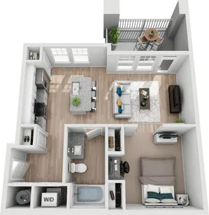 Modern 1-bedroom apartment floor plan with open-concept kitchen, cozy living room, and balcony for enjoying fresh air.