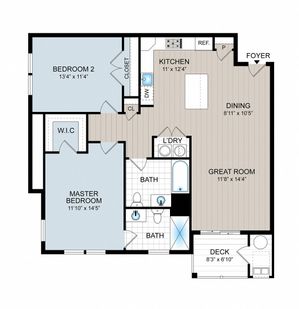 Contemporary floor plan showcasing 2 bedrooms, open kitchen, and expansive living area with deck access.