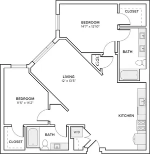 1161 square foot two bed two bath apartment floor plan in Seattle, WA