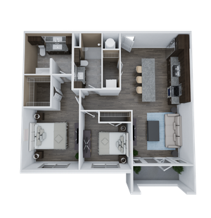 Contemporary 3D floor plan showcasing a beautiful layout with 2 bedrooms, 2 bathrooms, an open kitchen with island, and a cozy living area leading to a private balcony.