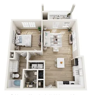 Inviting 3D floor plan showcasing a modern 1 bedroom apartment with a cozy living area, stylish kitchen, and private balcony.