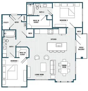 E Floorplan; 2 Bedroom/2 Bathroom