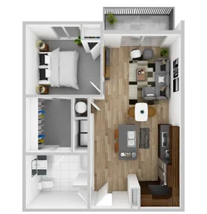 Chic 1-bedroom apartment floor plan featuring a spacious living area, modern kitchen, and a cozy balcony.