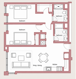 Modern 2D floor plan showcasing 2 bedrooms, 2 bathrooms, and an open-plan living/dining area with a kitchen.