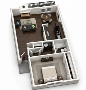Contemporary 3D floor plan showcasing a spacious one-bedroom apartment with an open-concept living and dining area, sleek kitchen, stylish bathroom, and a private balcony.