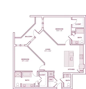 1323 square foot two bedroom two bath apartment floor plan in Houston, TX