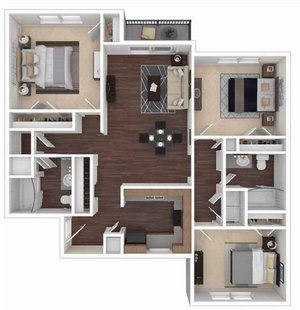 three bedroom 2D floor plan with furniture