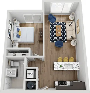 Elegant 1-bedroom floor plan with an open-concept living area and modern kitchen, complete with a stylish bathroom.