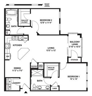 Chic floor plan showcasing 2 spacious bedrooms, modern kitchen with island, open living area, and balcony lanai with storage.