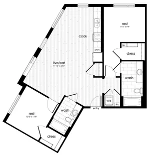 Floor plan of a spacious two-bedroom apartment with open-plan living, dining, and kitchen areas.
