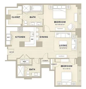 Modern floor plan B1 with 2 bedrooms, 2 baths, and an open layout, including a stylish kitchen and dining area, totaling 1,310 sq ft.
