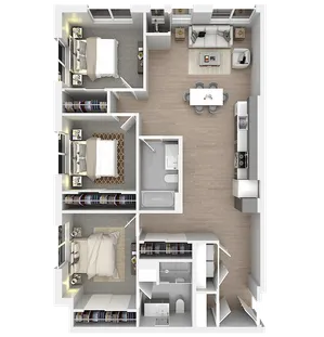 Elegant 3D floor plan showcasing 3 spacious bedrooms, a modern open-concept living area, and a sleek kitchen design.