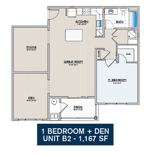 Contemporary floor plan featuring 1 bedroom, a den, and an expansive great room with a kitchen in Unit B2, 1,167 sq ft.