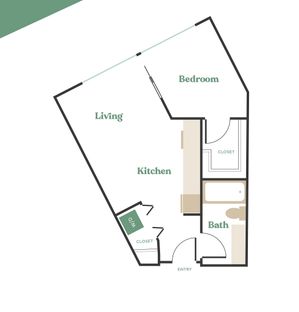 Modern 1-bedroom apartment floor plan featuring an open living area, sleek kitchen, and a cozy bathroom. Includes washer/dryer and ample closet space.
