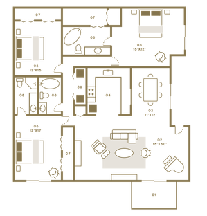 Elegant floor plan with two spacious bedrooms, luxurious living area, modern kitchen, and dining space.