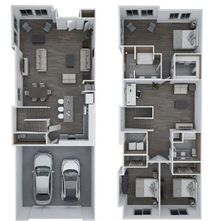 Residence A floor plan, showcasing a modern 3 bedroom, 2.5 bath layout with a spacious open-concept living area and dual car garage, spanning 2,387 sq. ft.
