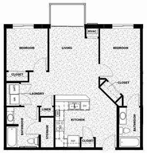 Modern 2D floor plan featuring 2 spacious bedrooms, a central living area, and a well-equipped kitchen with ample storage.