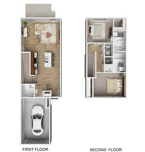 Modern two-level floor plan featuring an open-concept first floor with living area, kitchen, and attached garage. Second floor includes two bedrooms, two bathrooms, and ample storage space.