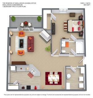 Modern 3D floor plan of a 1-bedroom, 1-bath apartment at Knollwood Condominium, featuring an open-concept living and dining area with balcony access, and a spacious kitchen, covering 800 sq ft.