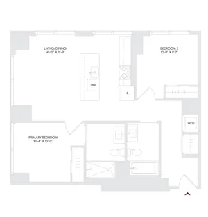 Elegant Avira Residence 14 floor plan showcasing 2 spacious bedrooms, 2 modern bathrooms, and an open living/dining area with a contemporary kitchen island.